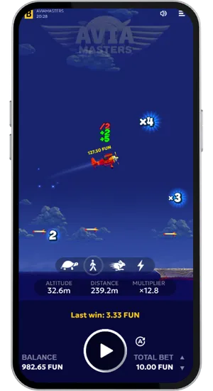 Aviamasters plane ascending steeply past rockets with a multiplier reaching 12x and winnings of 127 FUN