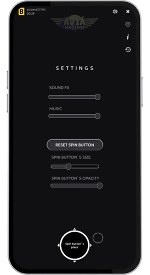 Aviamasters settings menu showing sound effects volume music slider and spin button size and opacity controls
