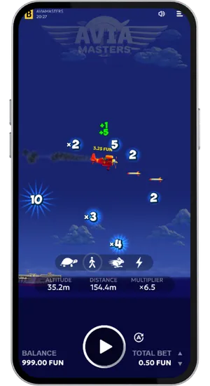 Aviamasters game in progress with the rocket climbing the multiplier curve and the cash out button highlighted on screen